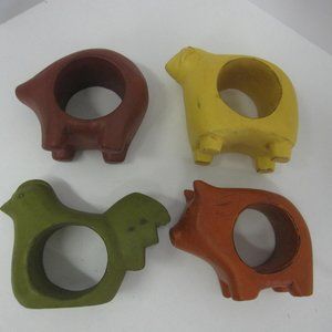 Farm Animal Napkin Rings Wood Primitive Set 4